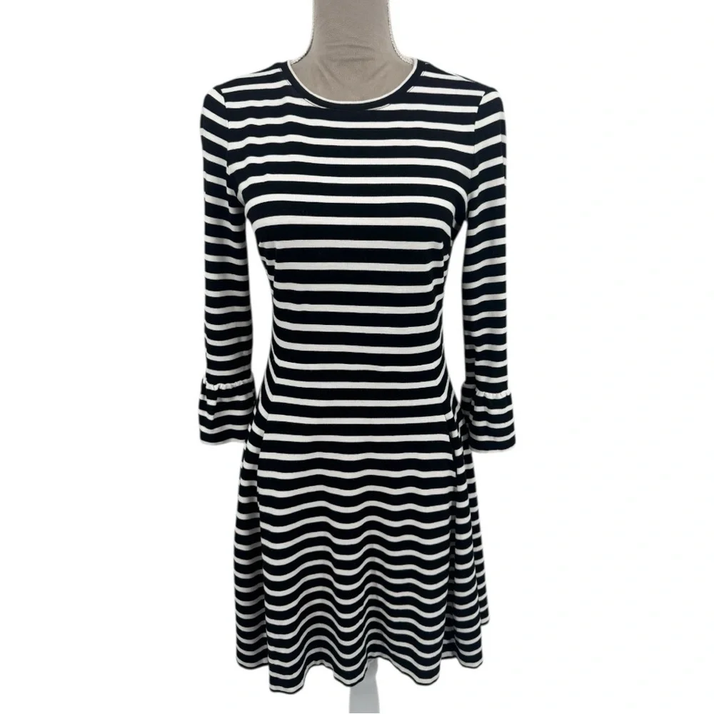 Kate Spade Broome Street Black White Stripe Dress Fit & Flare Pockets Size Small